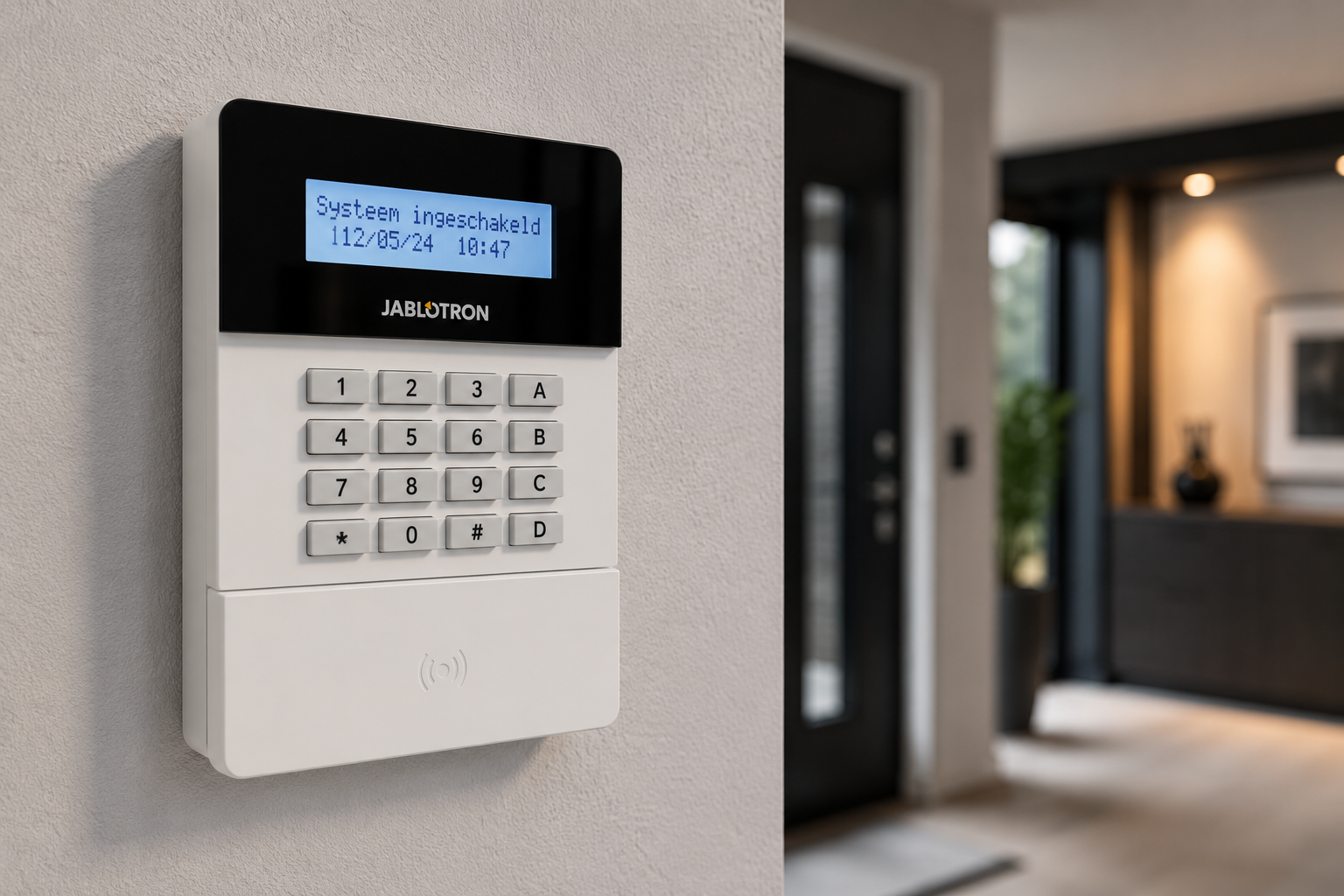 Jablotron bedieningspaneel voor alarmsysteem aan binnenmuur