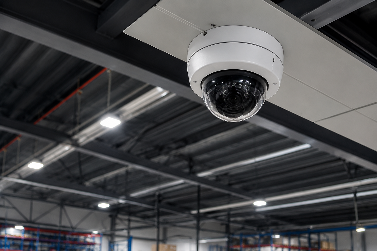 Beveiligingscamera aan plafond in industriële ruimte